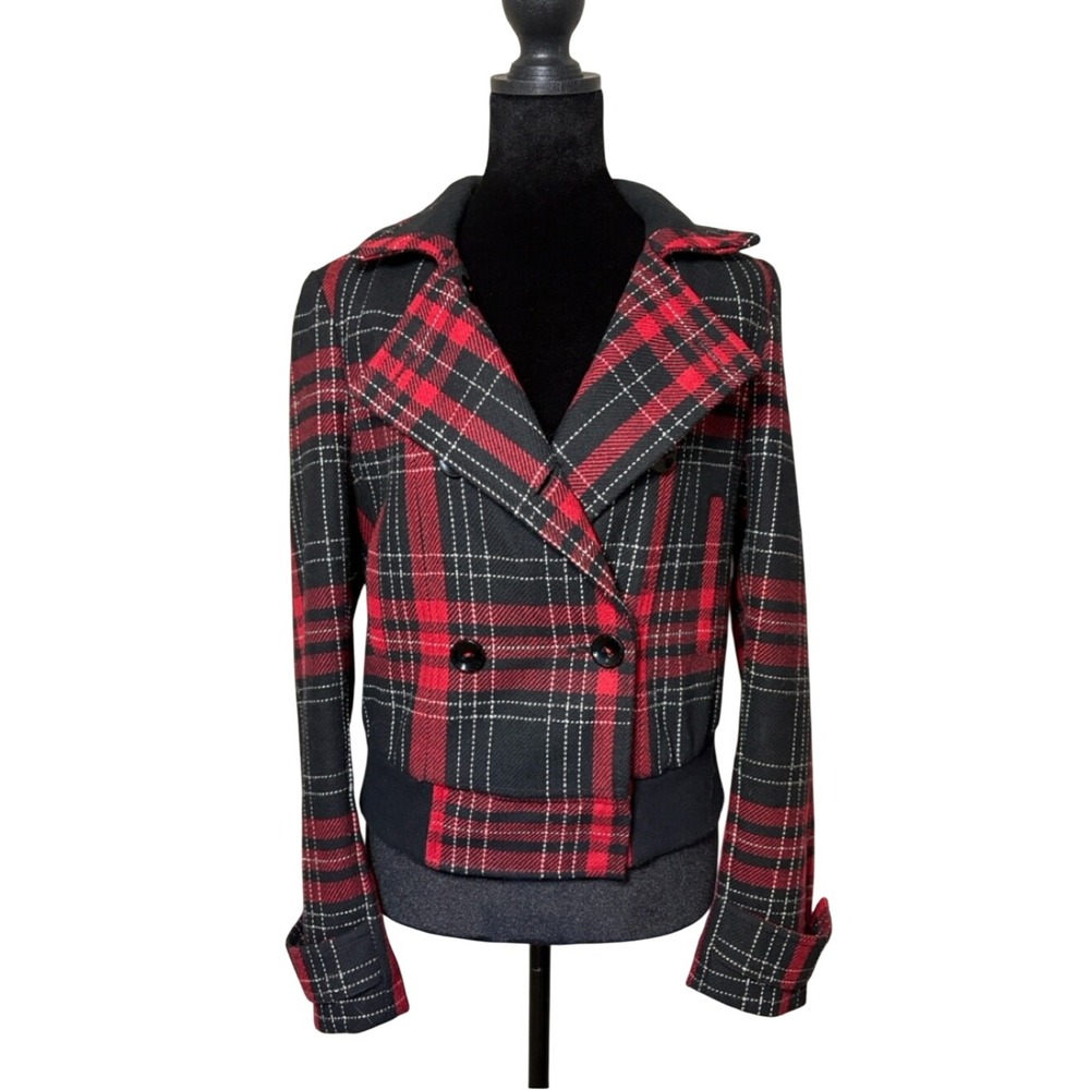Express Red & Black Plaid Double-Breasted Cropped Bomber Jacket Small